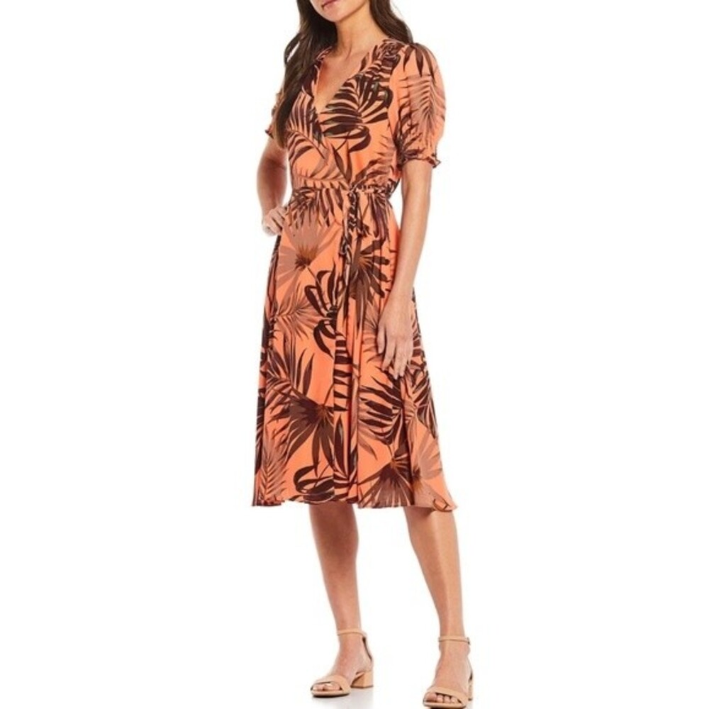 Alex Marie orange tropical print true wrap midi dress size 12
